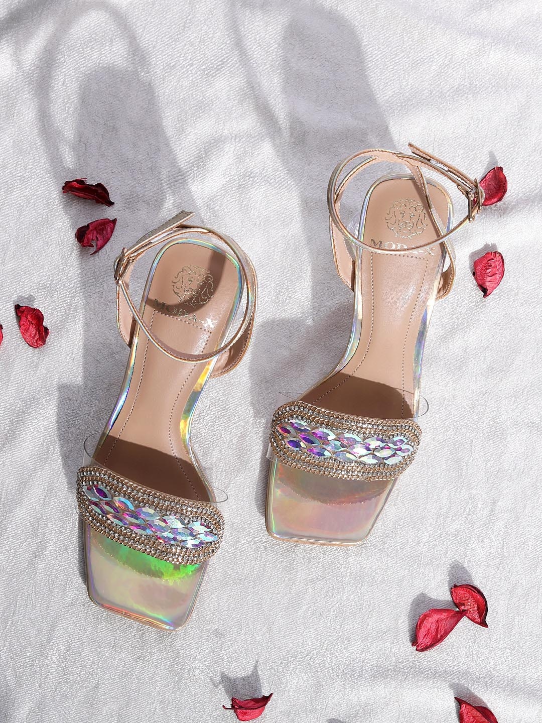 

MODA-X Embellished Open Toe Ankle Loop Block Heels, Gold