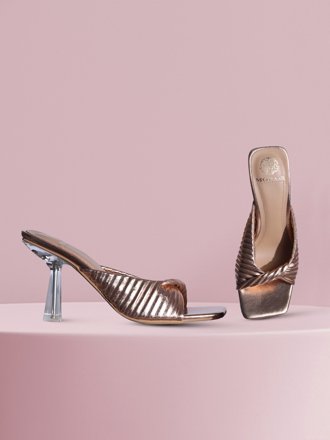 

MODA-X Textured Open Toe Kitten Heels, Rose gold
