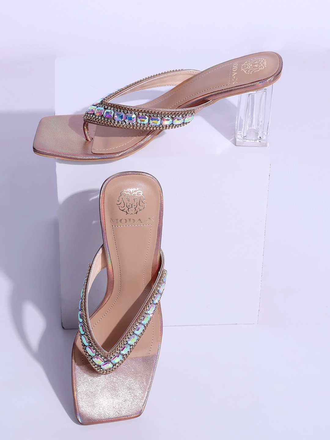 

MODA-X Embellished Open Toe Block Sandals, Rose gold