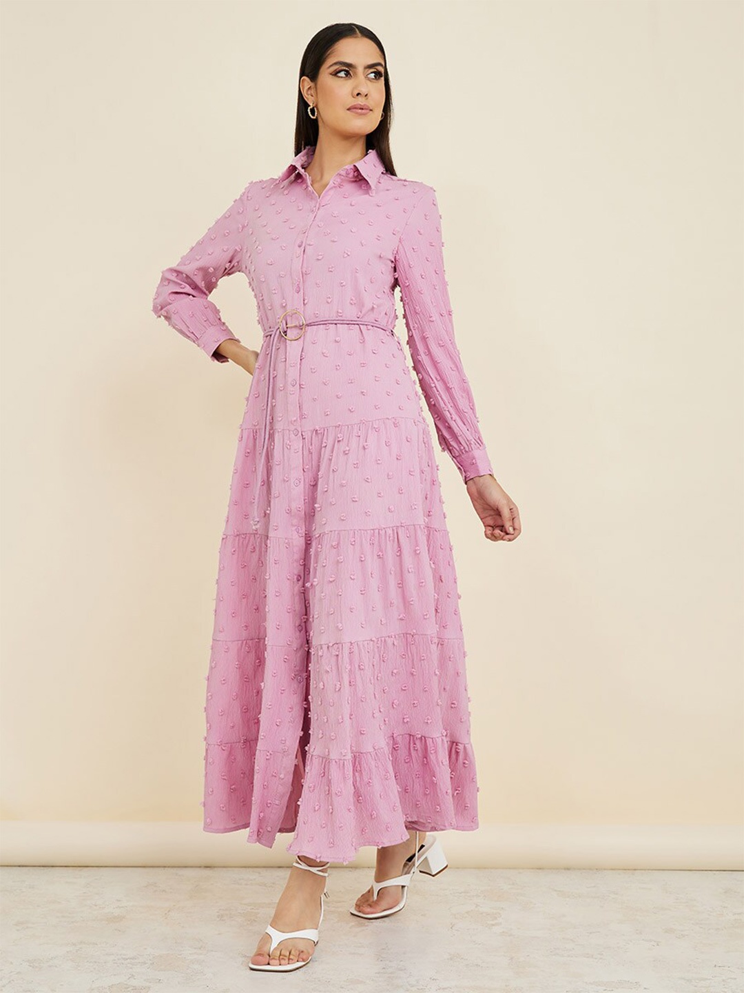 

Styli Shirt Collar Cuffed Sleeves Tiered Maxi Dress, Pink