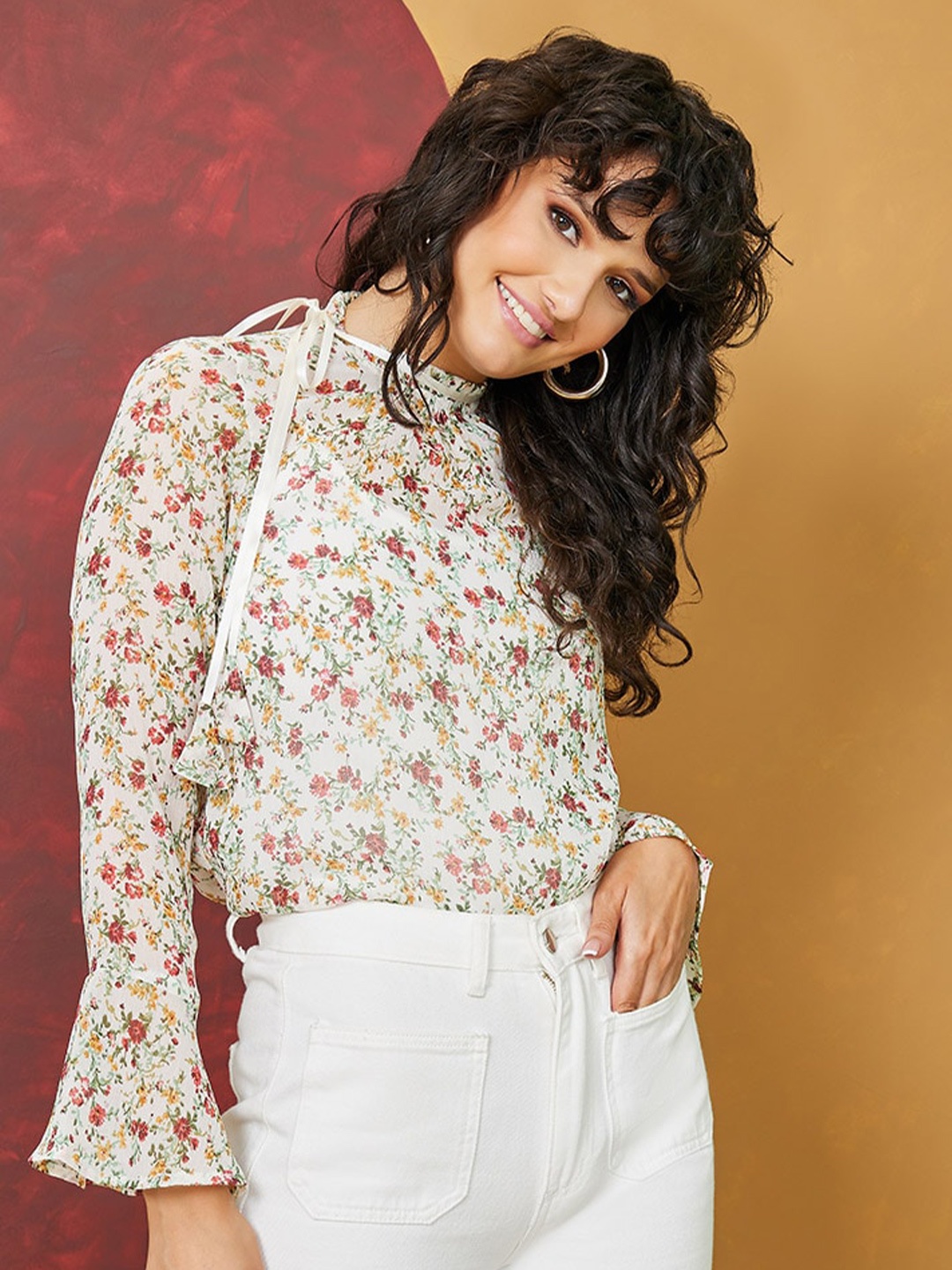 

Styli Floral Printed Bell Sleeves Top, Cream