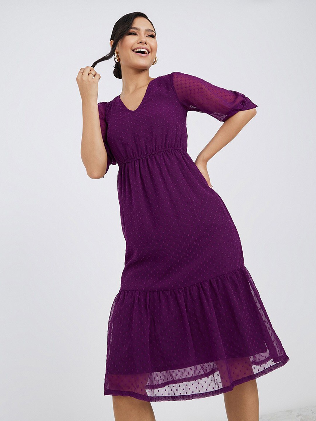 

Styli Self Design V-Neck Puff Sleeves Tiered Midi Dress, Purple