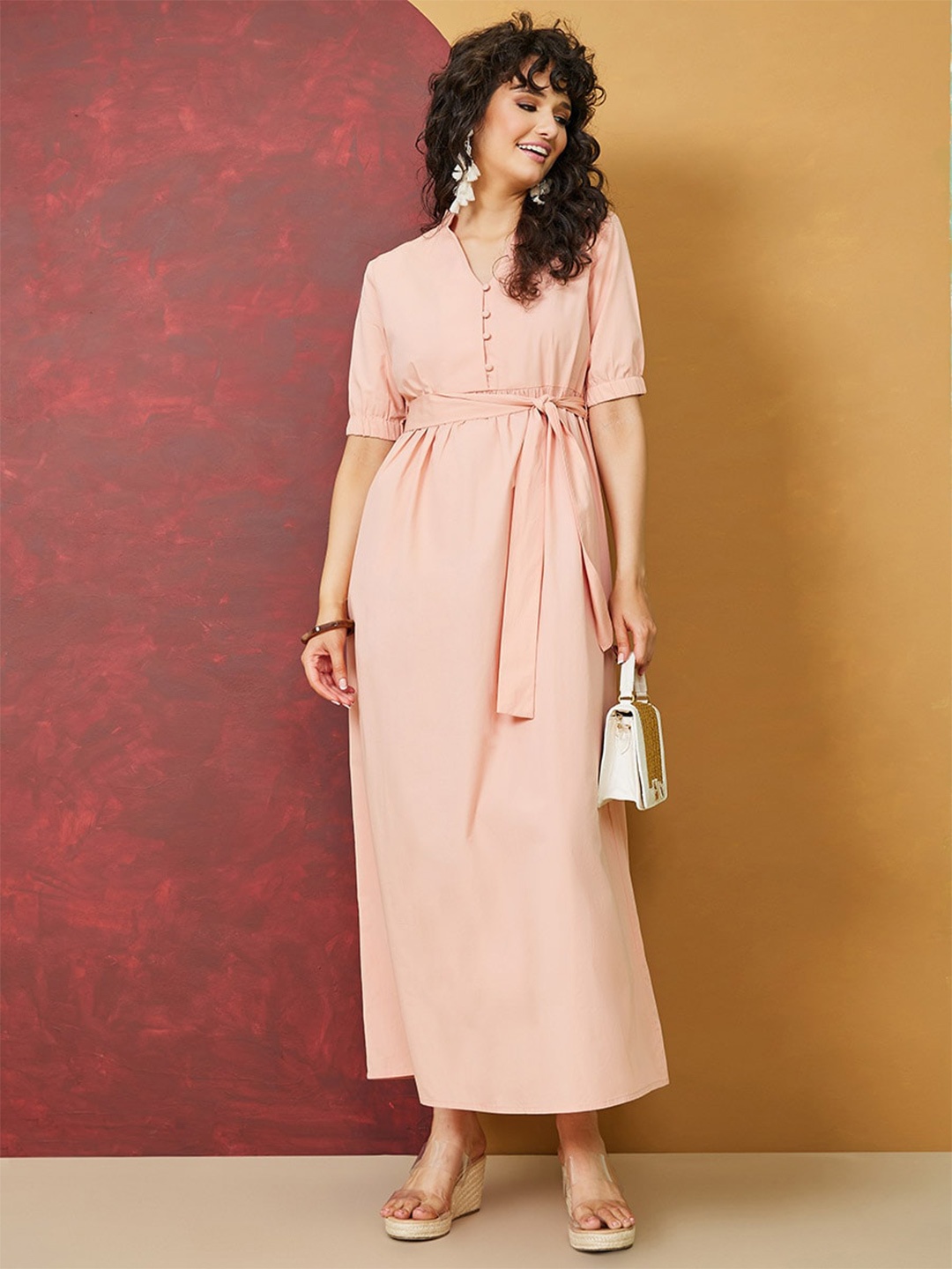 

Styli V-Neck Cotton Maxi Dress, Pink