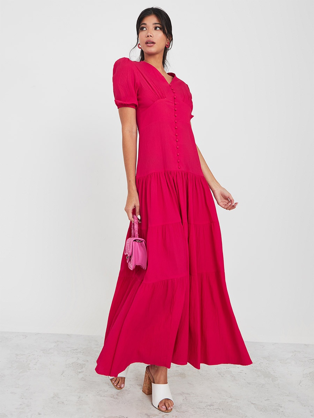 

Styli Tiered V-Neck Maxi Dress, Fuchsia