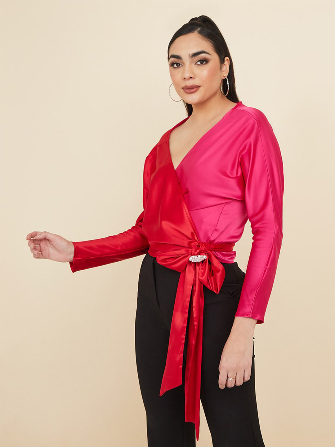 

Styli Colourblocked Wrap Crop Top, Pink