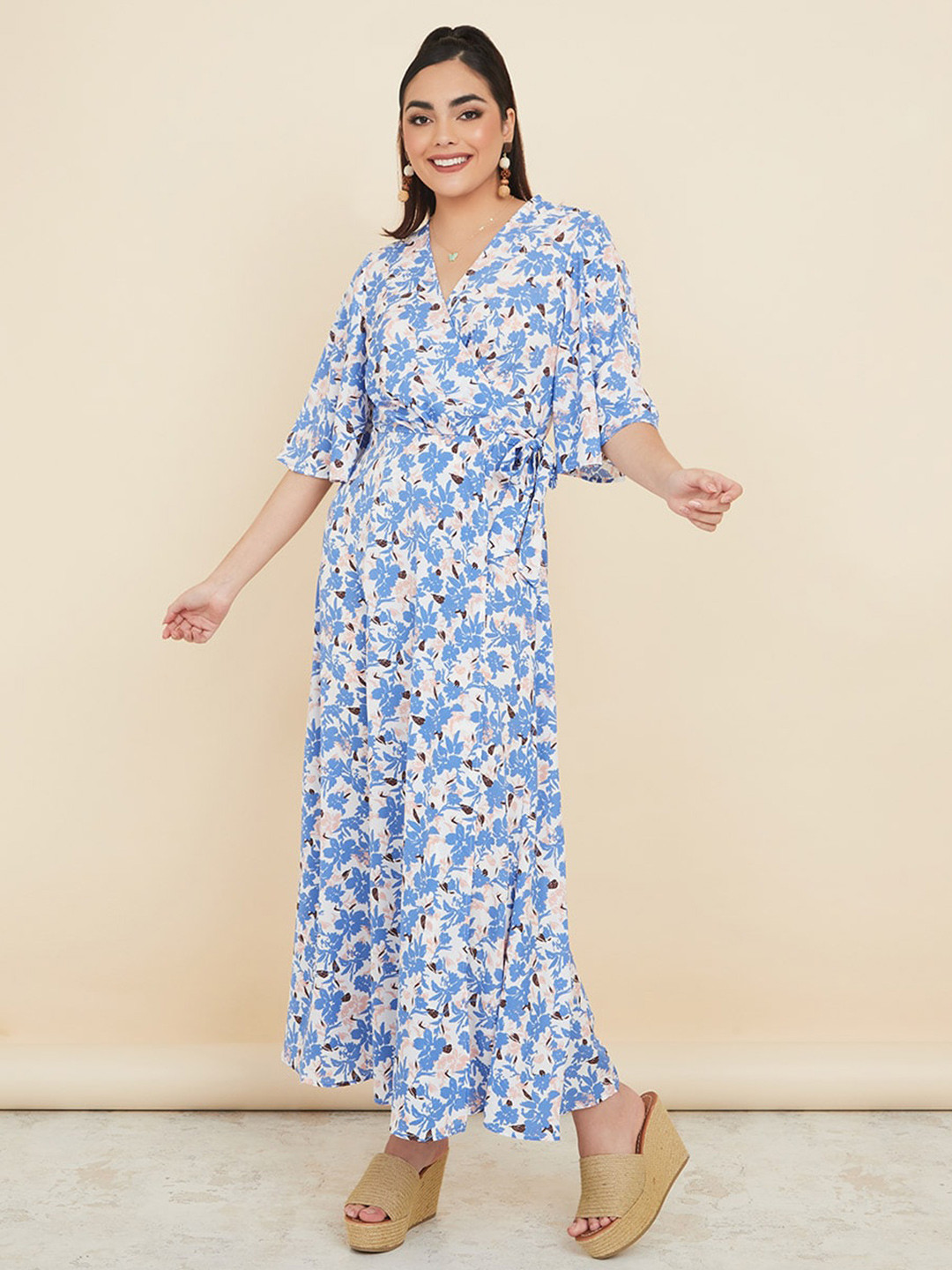 

Styli Floral Printed Maxi Wrap Dress, Blue