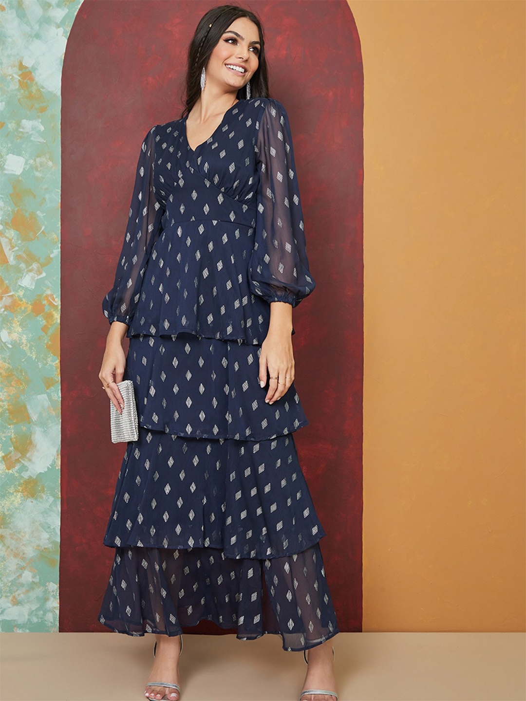 

Styli Geometrc Printed Layered Empire Maxi Dress, Navy blue
