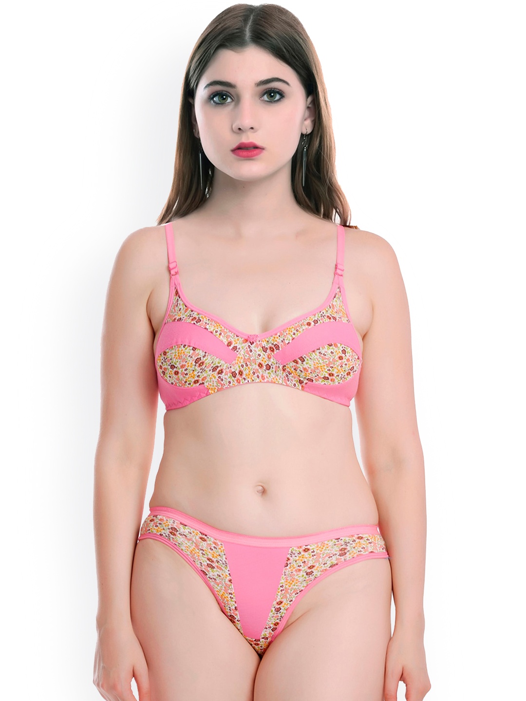 

AROUSY Printed Cotton Non Padded Lingerie Set, Pink