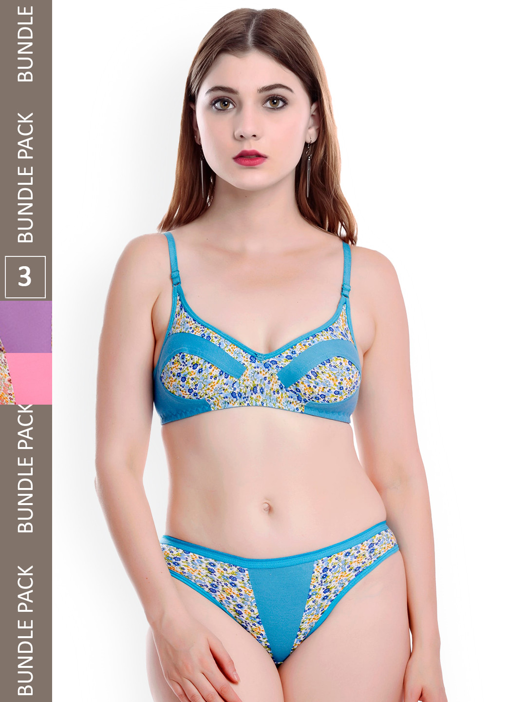 

AROUSY Pack Of 3 Printed Non Padded Non Wired Cotton Lingerie Set, Pink
