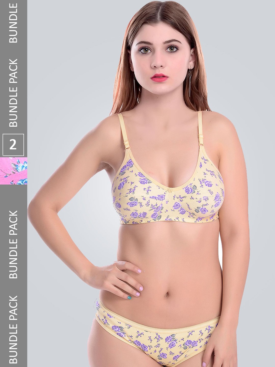 

AROUSY Pack Of 2 Printed Non Padded Non- Wired Cotton Lingerie Set, Pink
