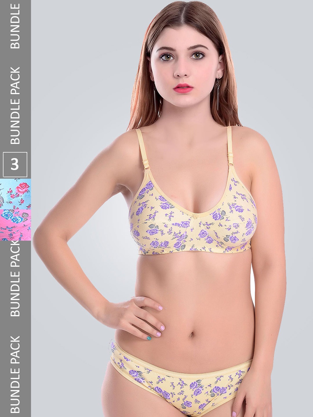 

AROUSY Pack Of 3 Floral Printed Cotton Lingerie Set, Blue