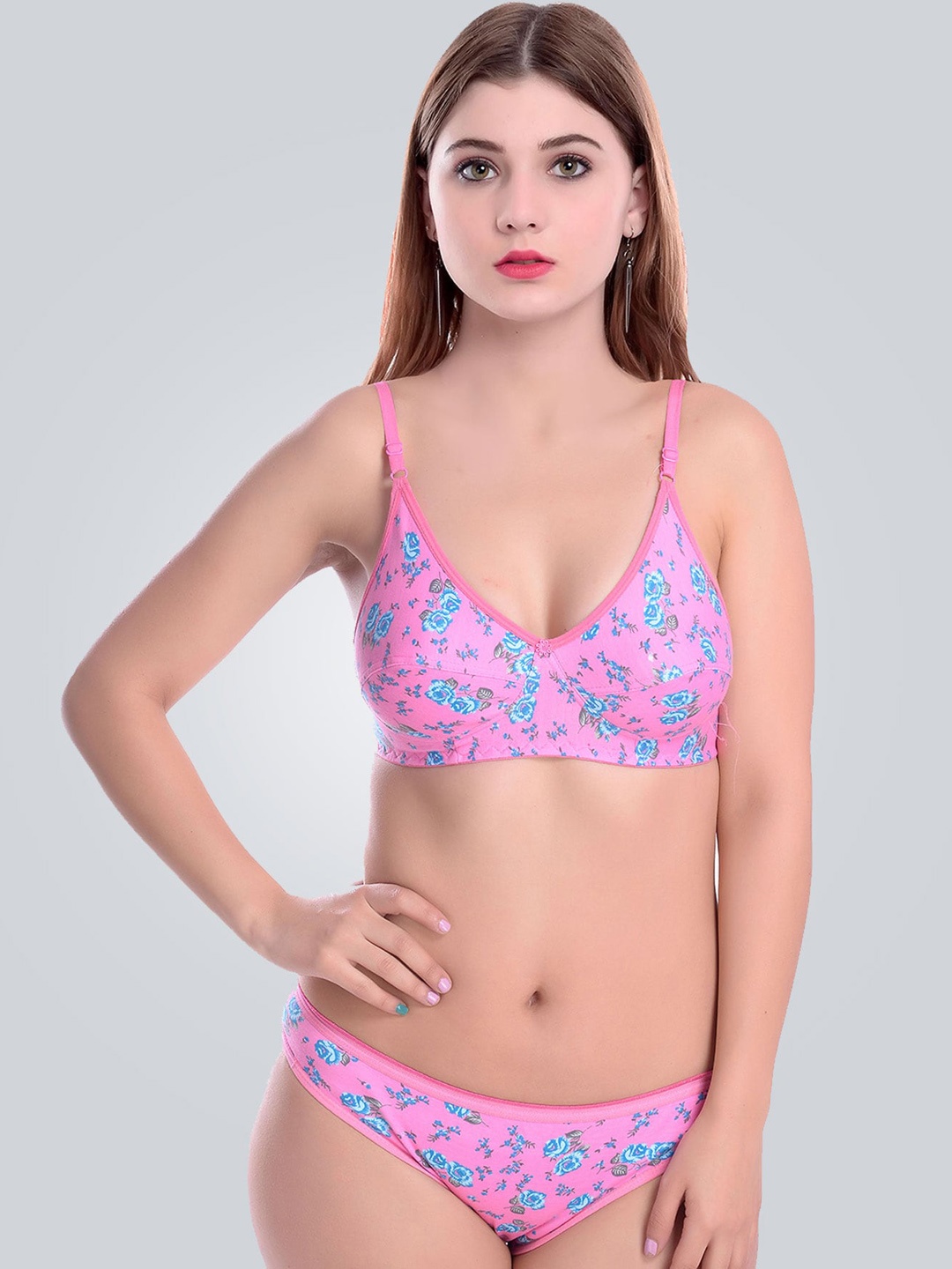 AROUSY Floral Printed Cotton Lingerie Set, Pink