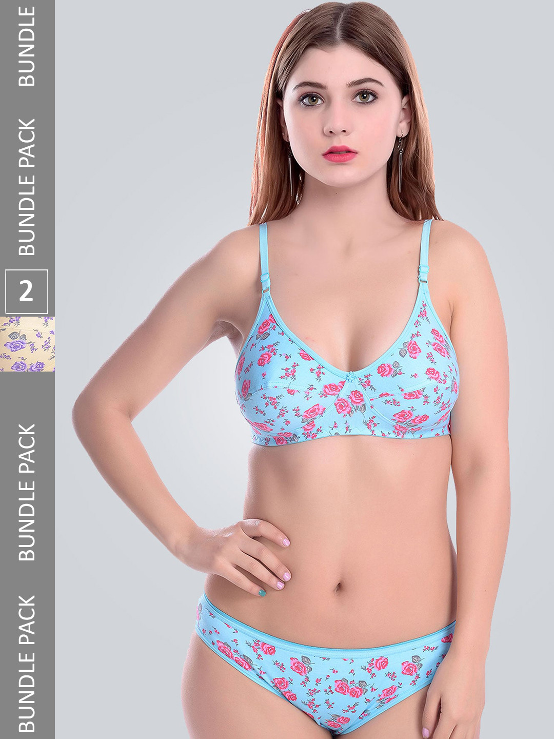 

AROUSY Pack Of 2 Floral Printed Cotton Lingerie Set, Blue