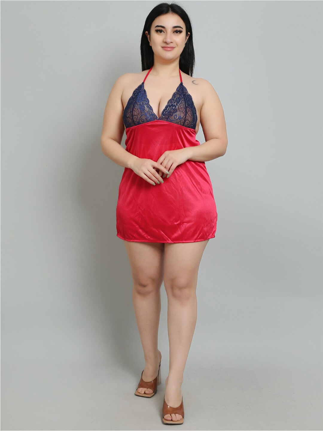 

Hill Islands Tie-Ups Lace Pattern Baby Doll With Silky Satin Feel Lingerie, Red