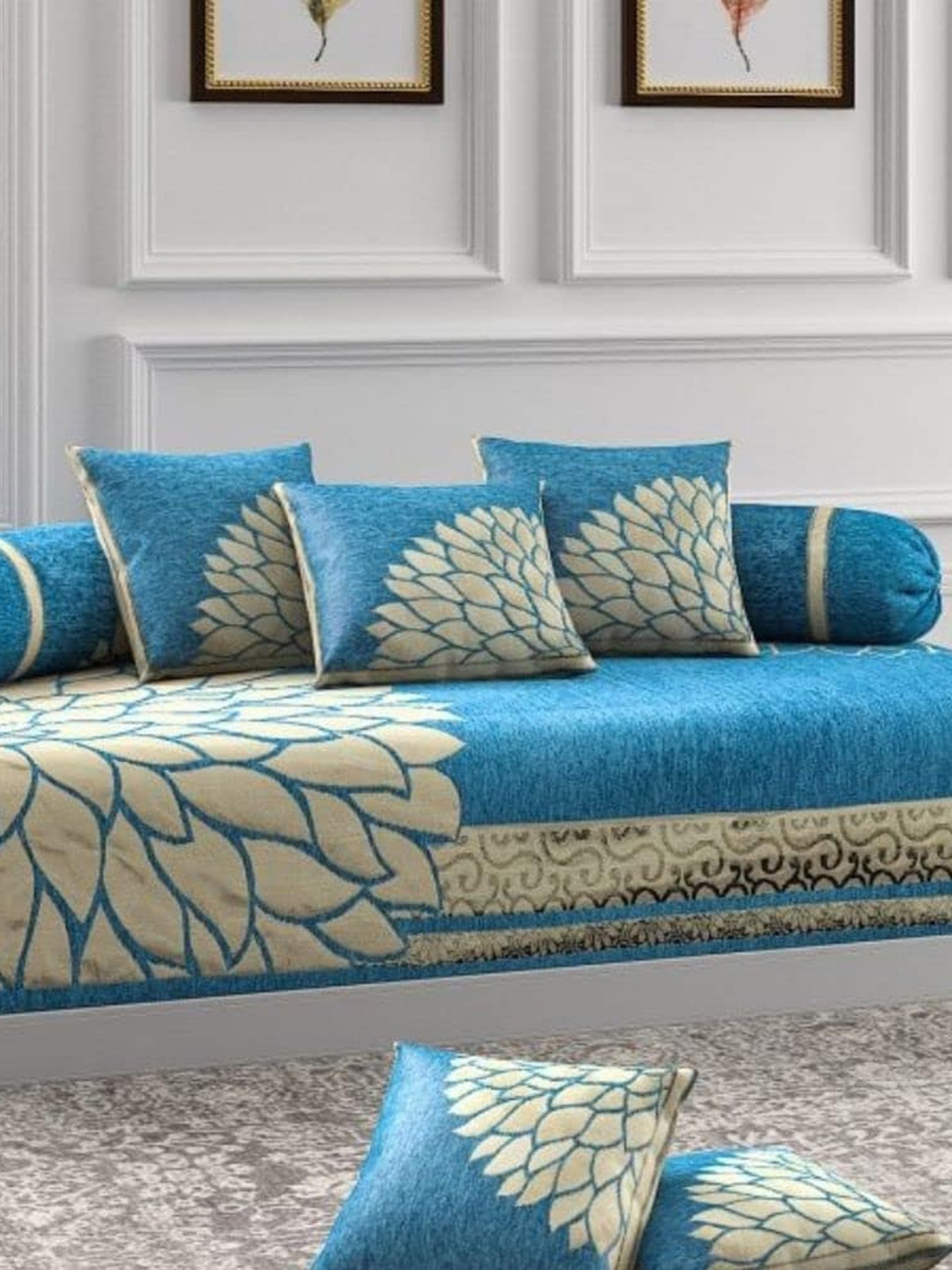 

Bajo's Blue & Beige 8-Pcs Floral Woven Designed Diwan Set