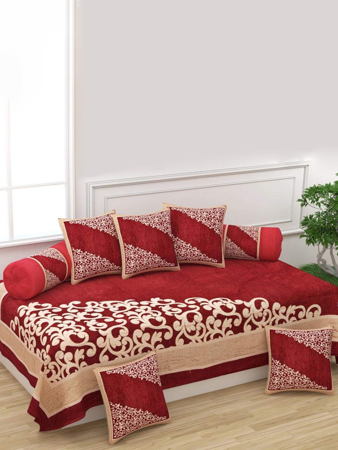 

Bajo's 8 Pcs Red & Beige Printed Single Bedsheet With Bolster Covers & Cushion Covers