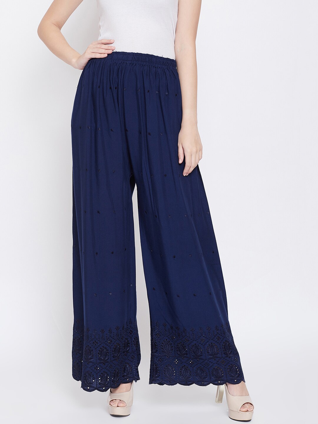 

Castle Lifestyle Women Self Design Wide Leg Palazzos, Navy blue