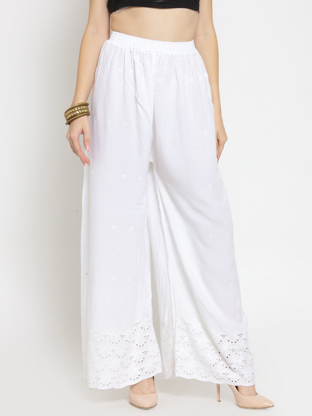 

Castle Lifestyle Women Self Design Wide Leg Palazzos, White
