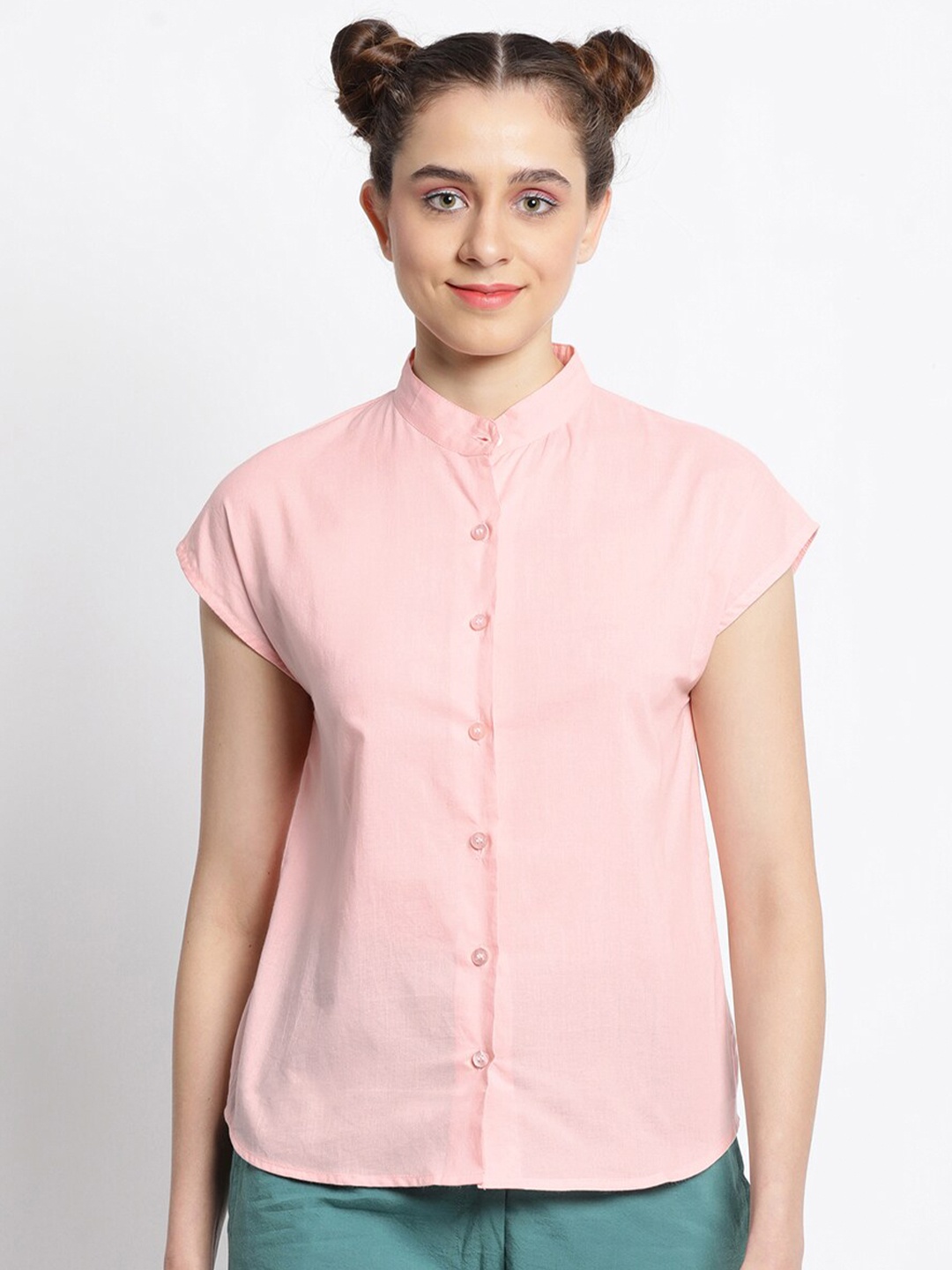 

GRASS by Gitika Goyal Mandarin Collar Extended Sleeves Shirt Style Cotton Top, Pink