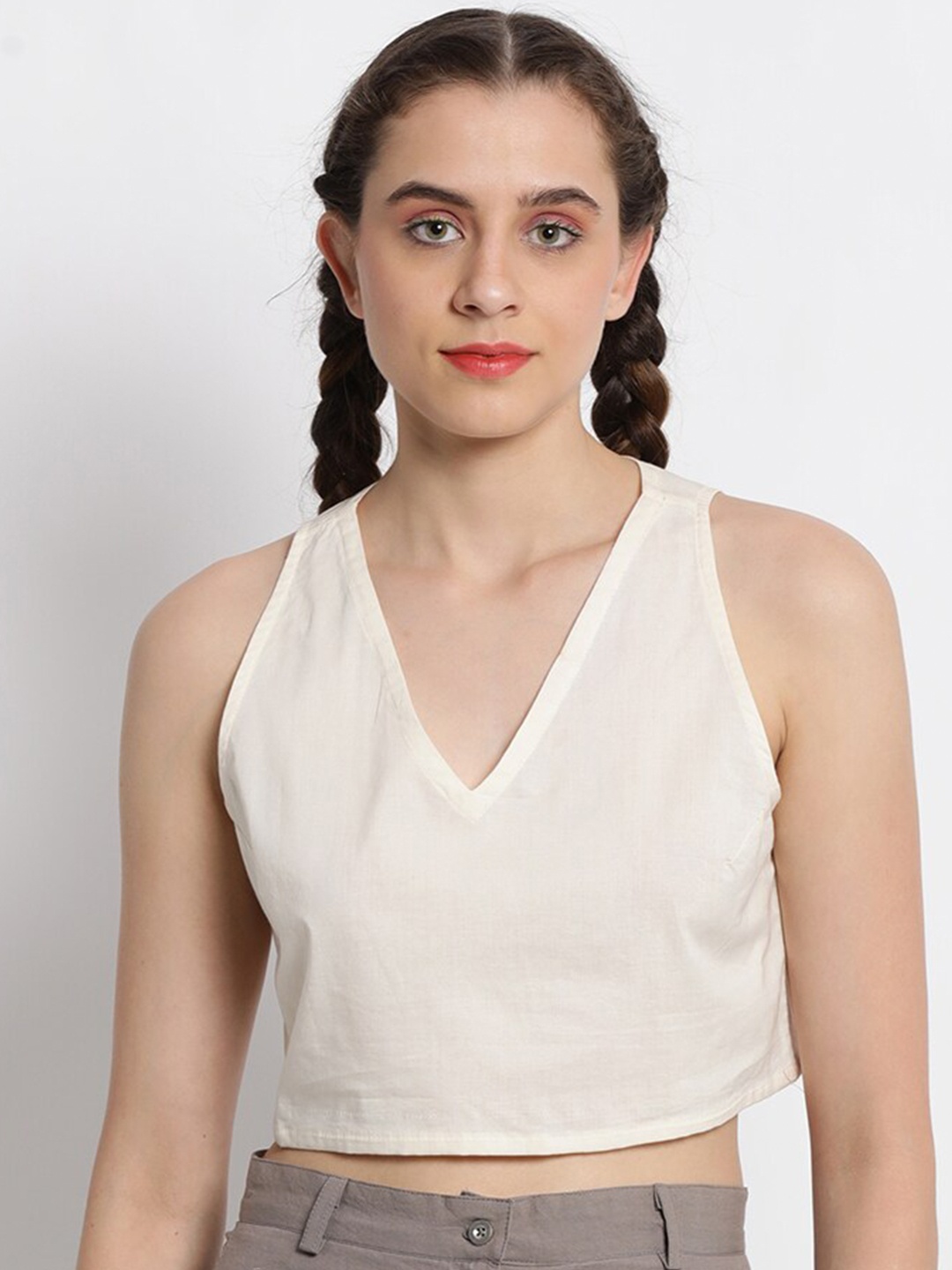 

GRASS by Gitika Goyal V-Neck Crop Cotton Top, Off white