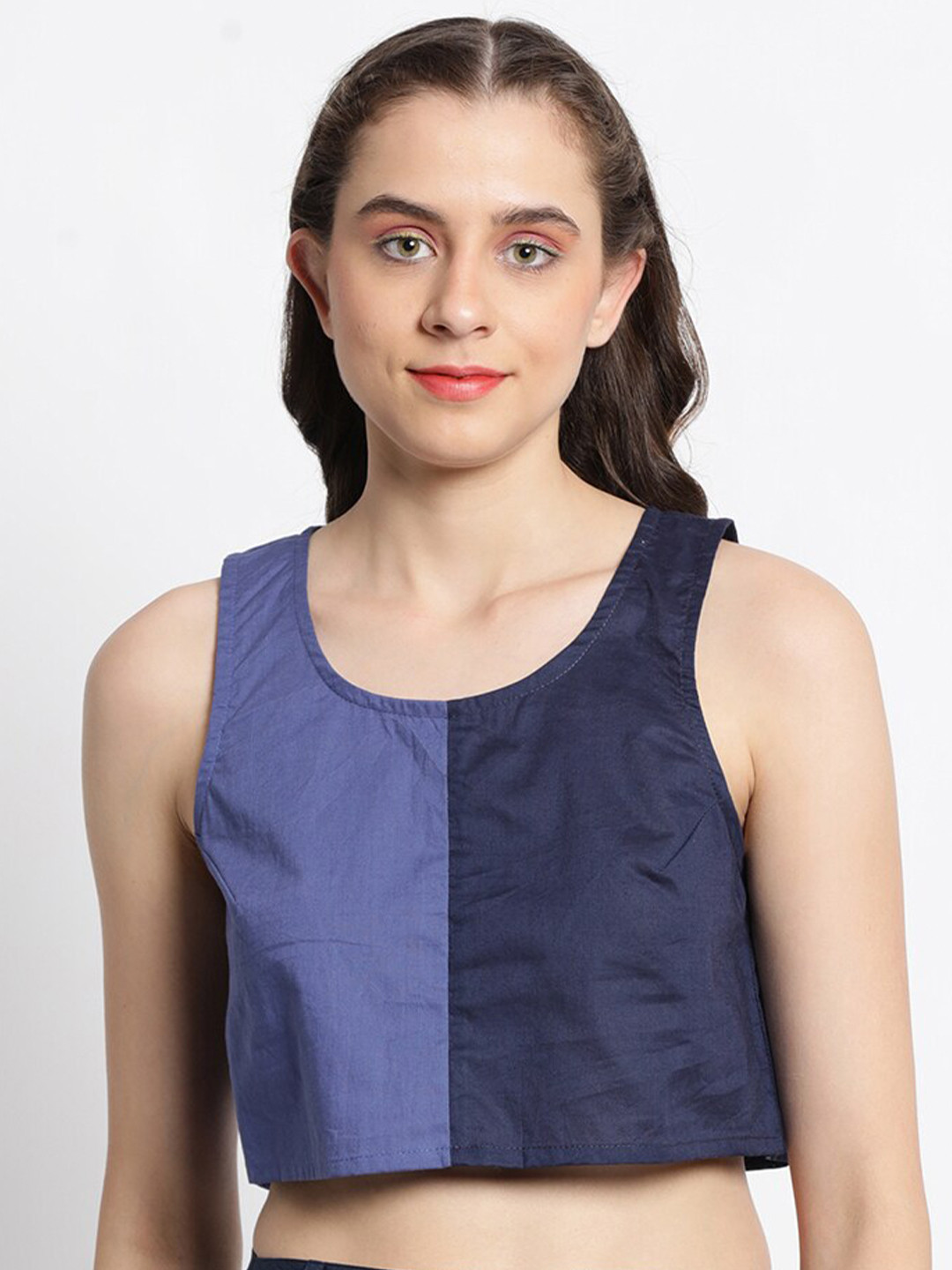 

GRASS by Gitika Goyal Colourblocked Cotton Crop Top, Blue