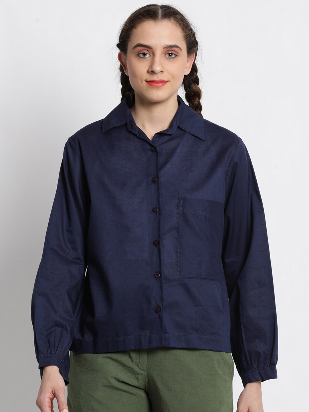 

GRASS by Gitika Goyal Spread Collar Long Cuff Cotton shirt, Navy blue