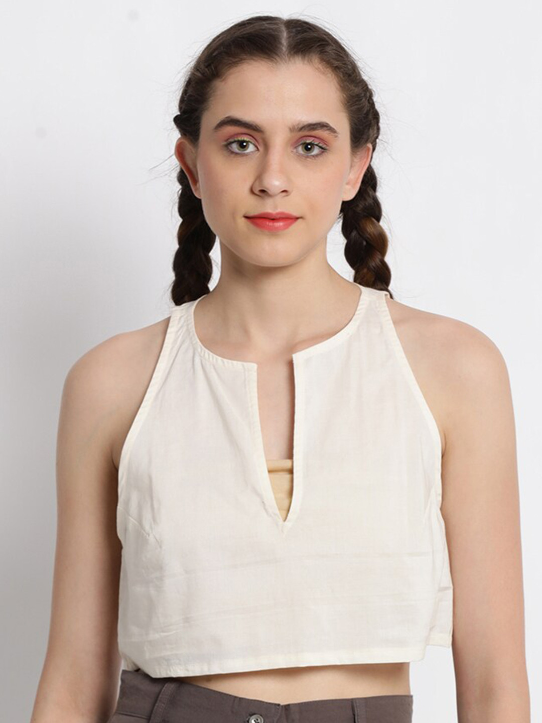 

GRASS by Gitika Goyal Sleeveless Notch Neck Boxy Crop Cotton Top, Cream