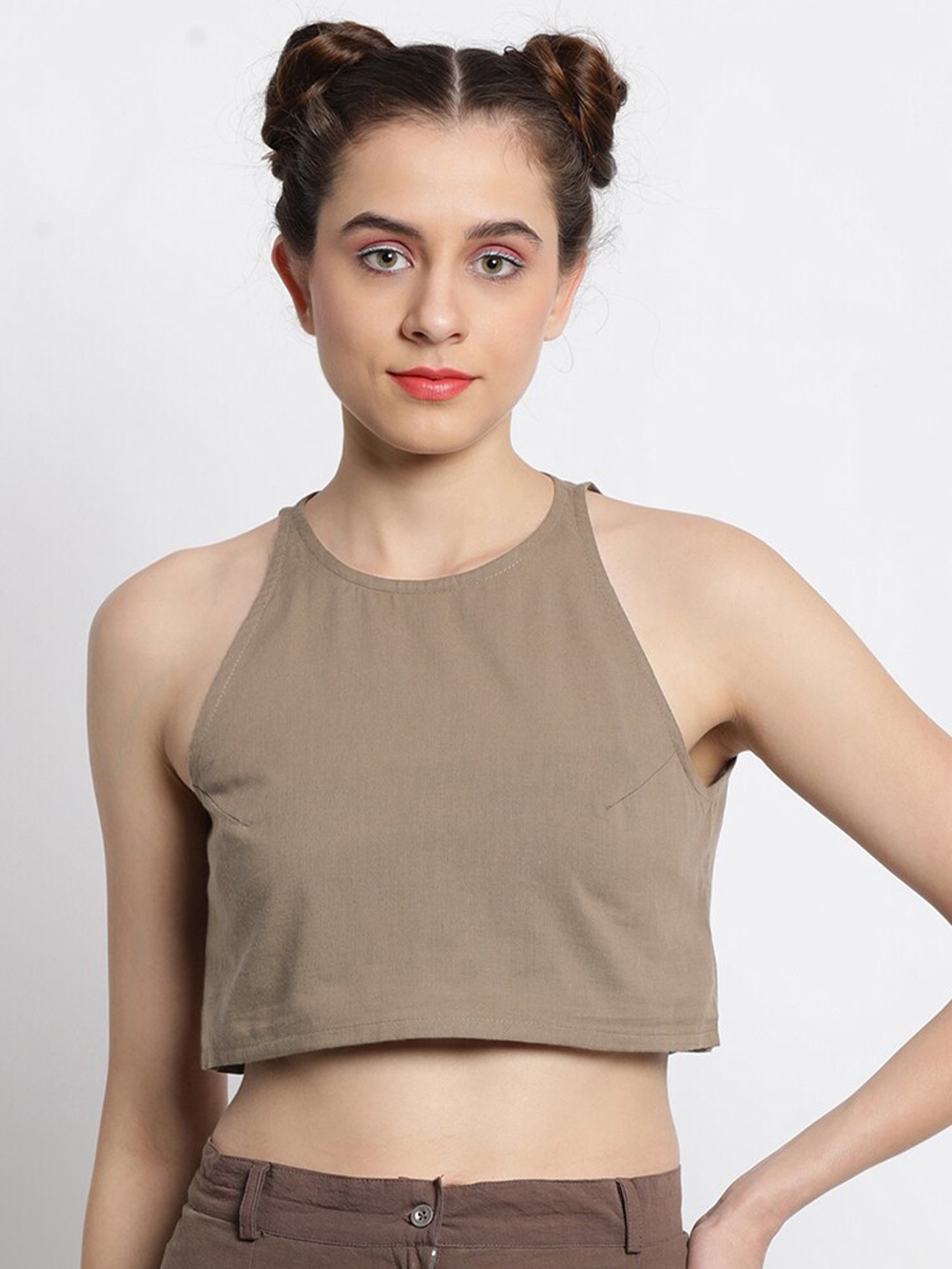 

GRASS by Gitika Goyal Sleeveless Boxy Crop Cotton Top, Khaki