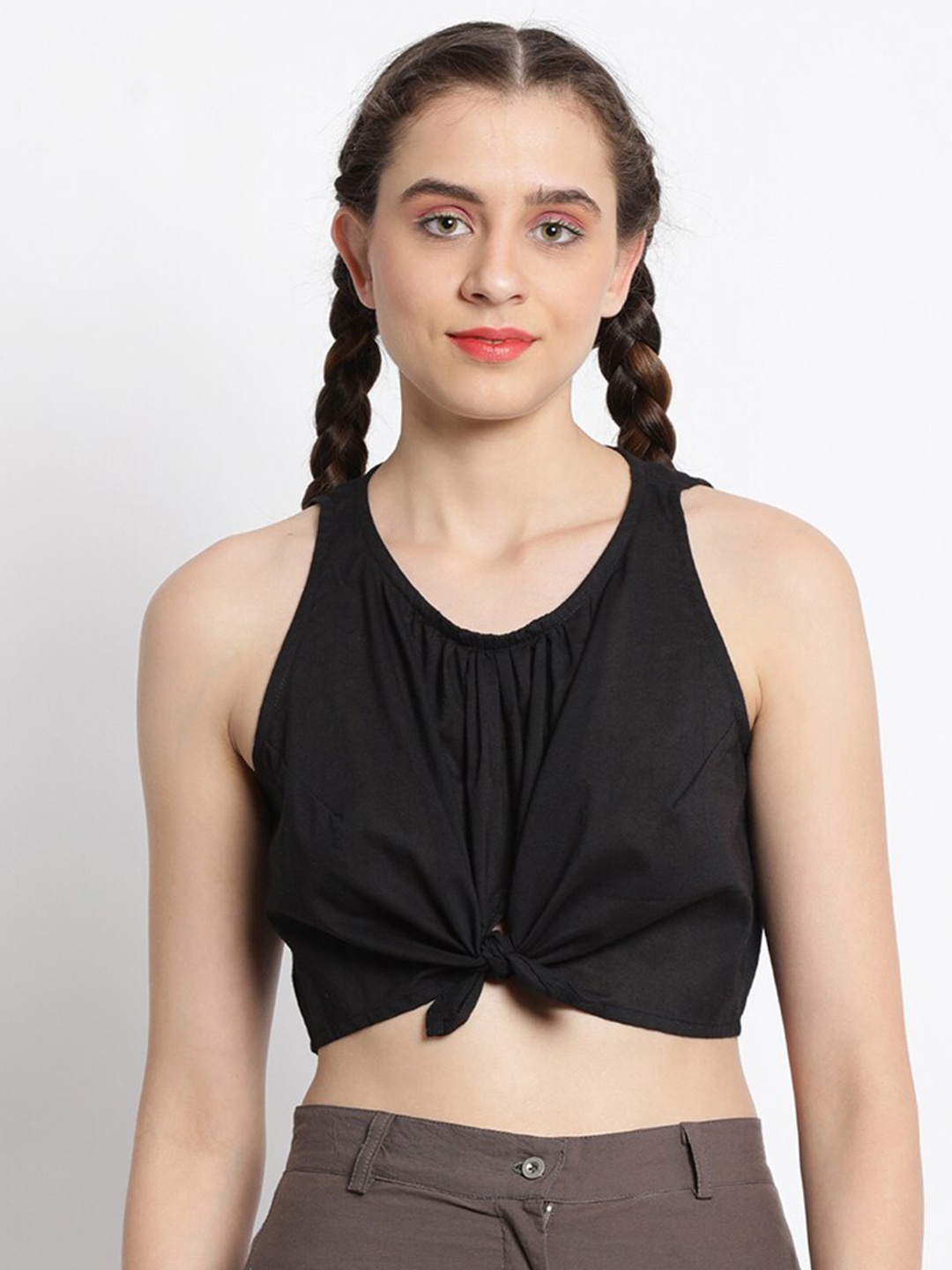 

GRASS by Gitika Goyal Bralette Knotted Cotton Crop Top, Black