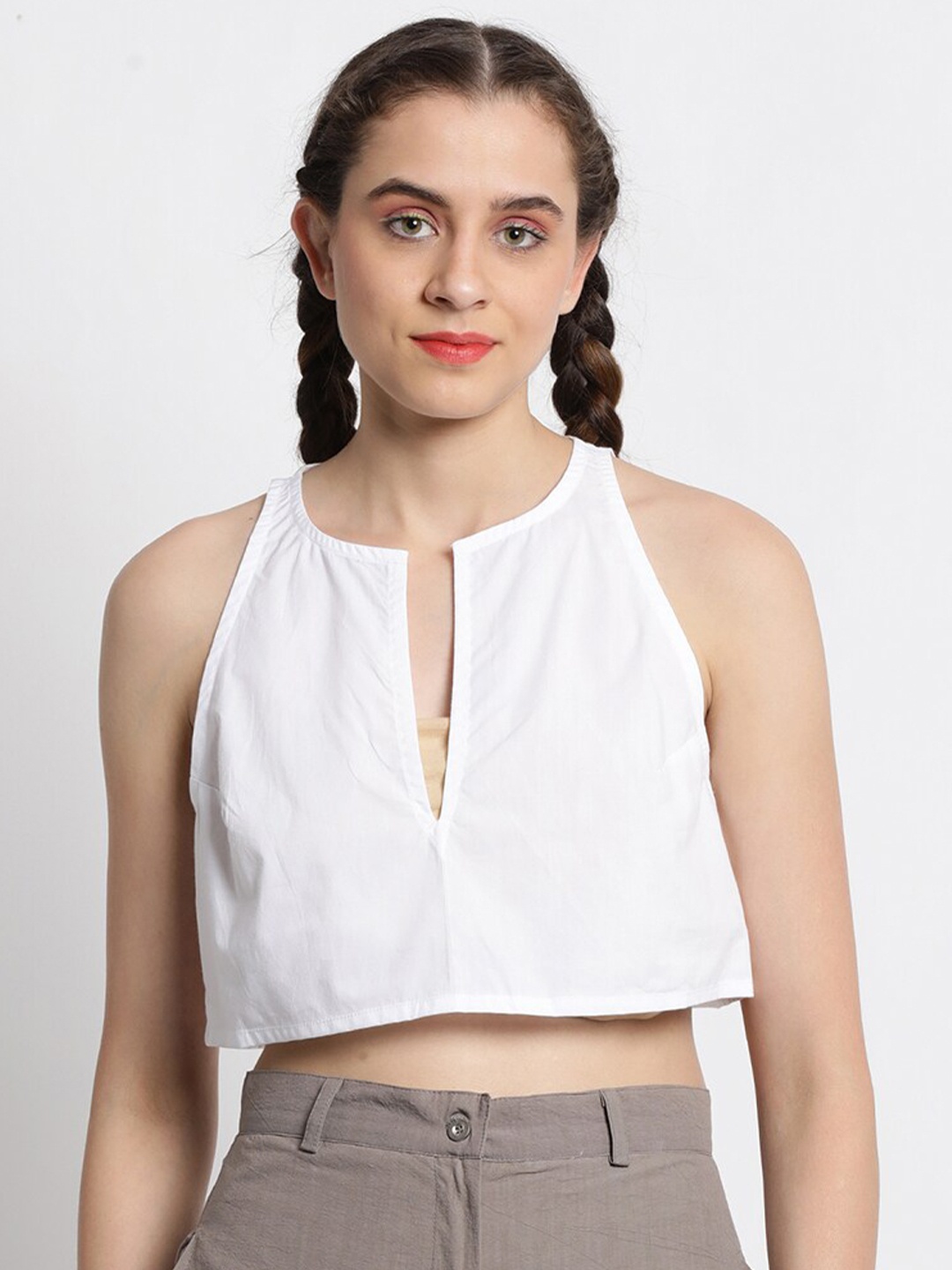 

GRASS by Gitika Goyal Notched Neck Cotton A-Line Crop Top, White