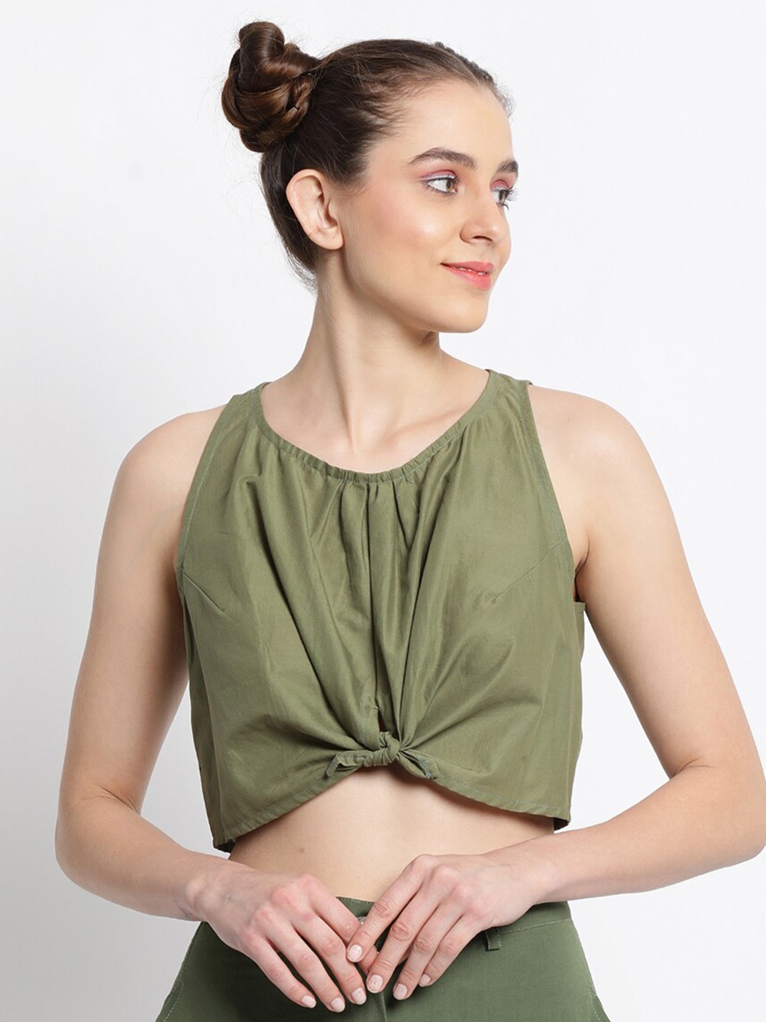 

GRASS by Gitika Goyal Round Neck Knotted Crop Top, Olive