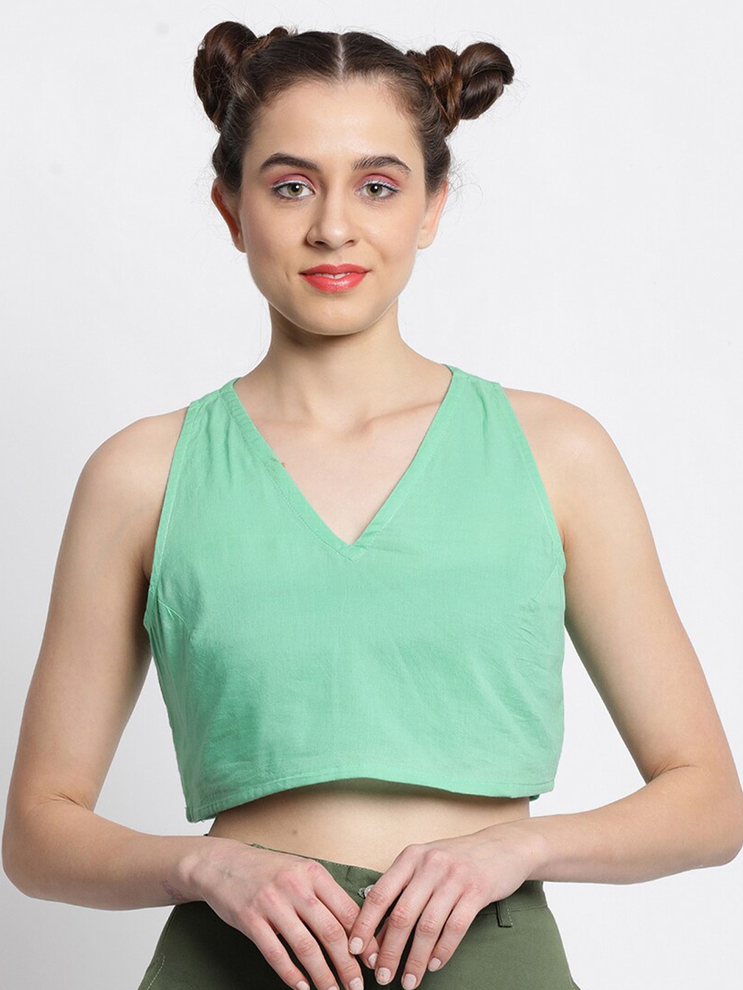 

GRASS by Gitika Goyal Sleeveless V-Neck Crop Cotton Top, Green