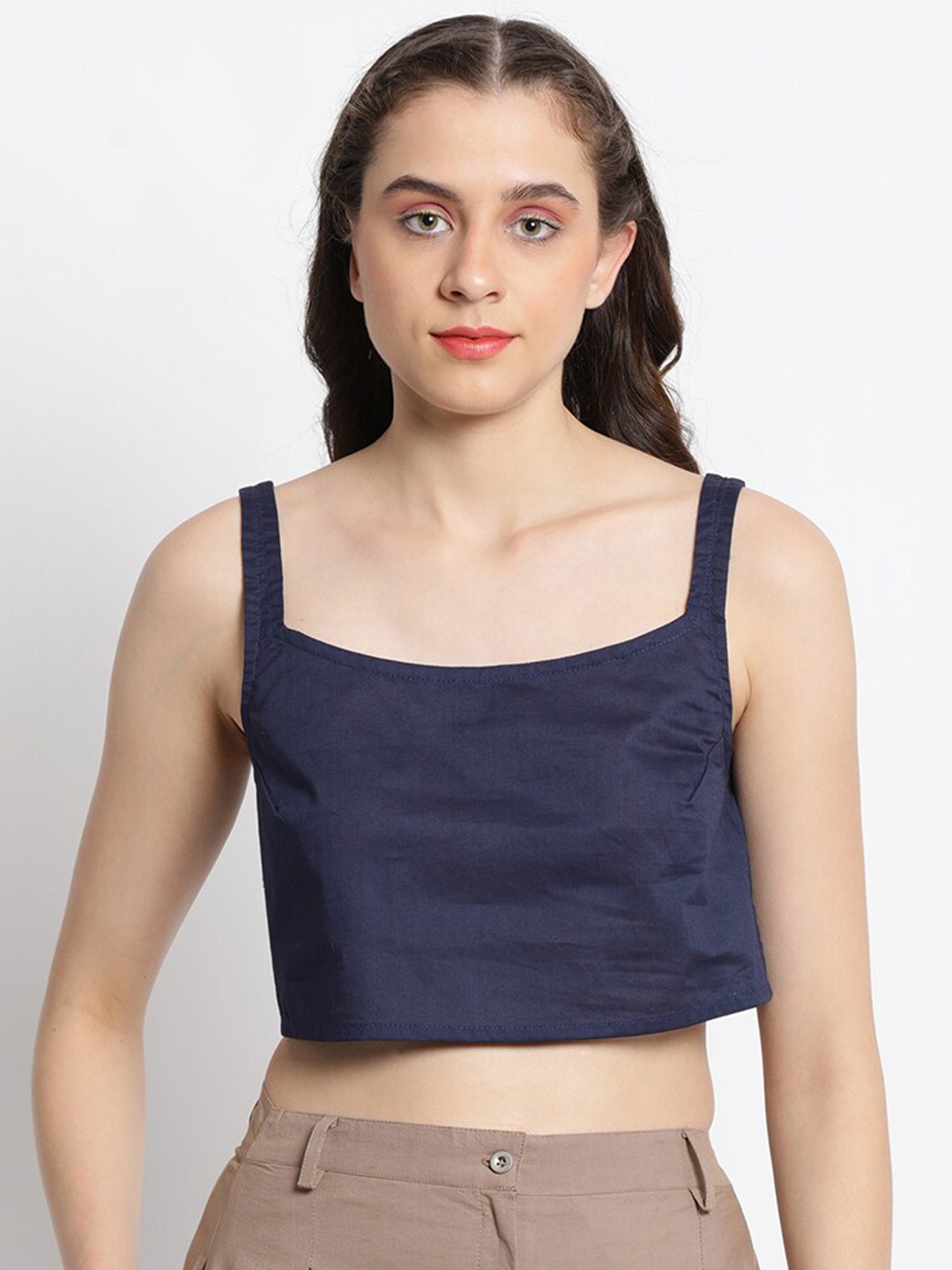 

GRASS by Gitika Goyal Shoulder Straps Cotton Crop Top, Navy blue