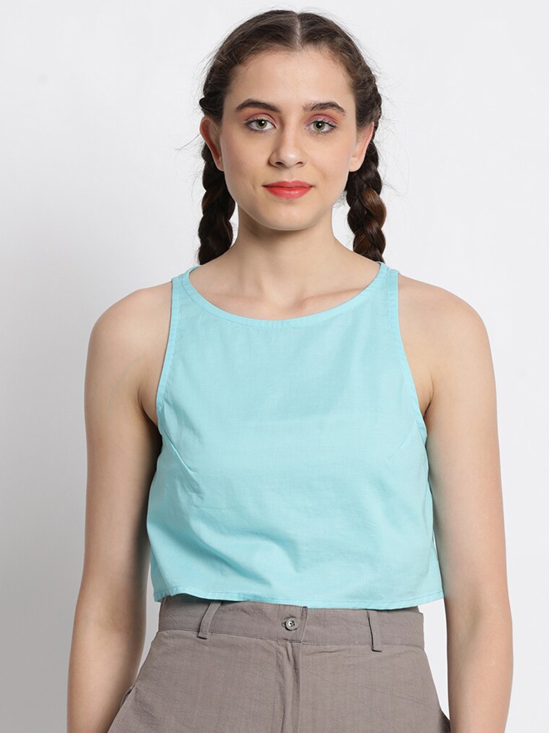 

GRASS by Gitika Goyal V Neck Sleeveless Cotton Crop Top, Blue