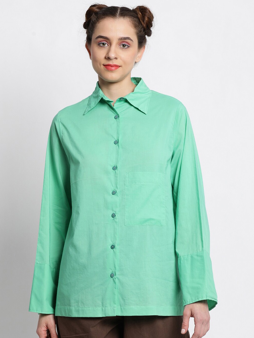 

GRASS by Gitika Goyal Chest Pocket Cuffed Sleeved Shirt Style Top, Green