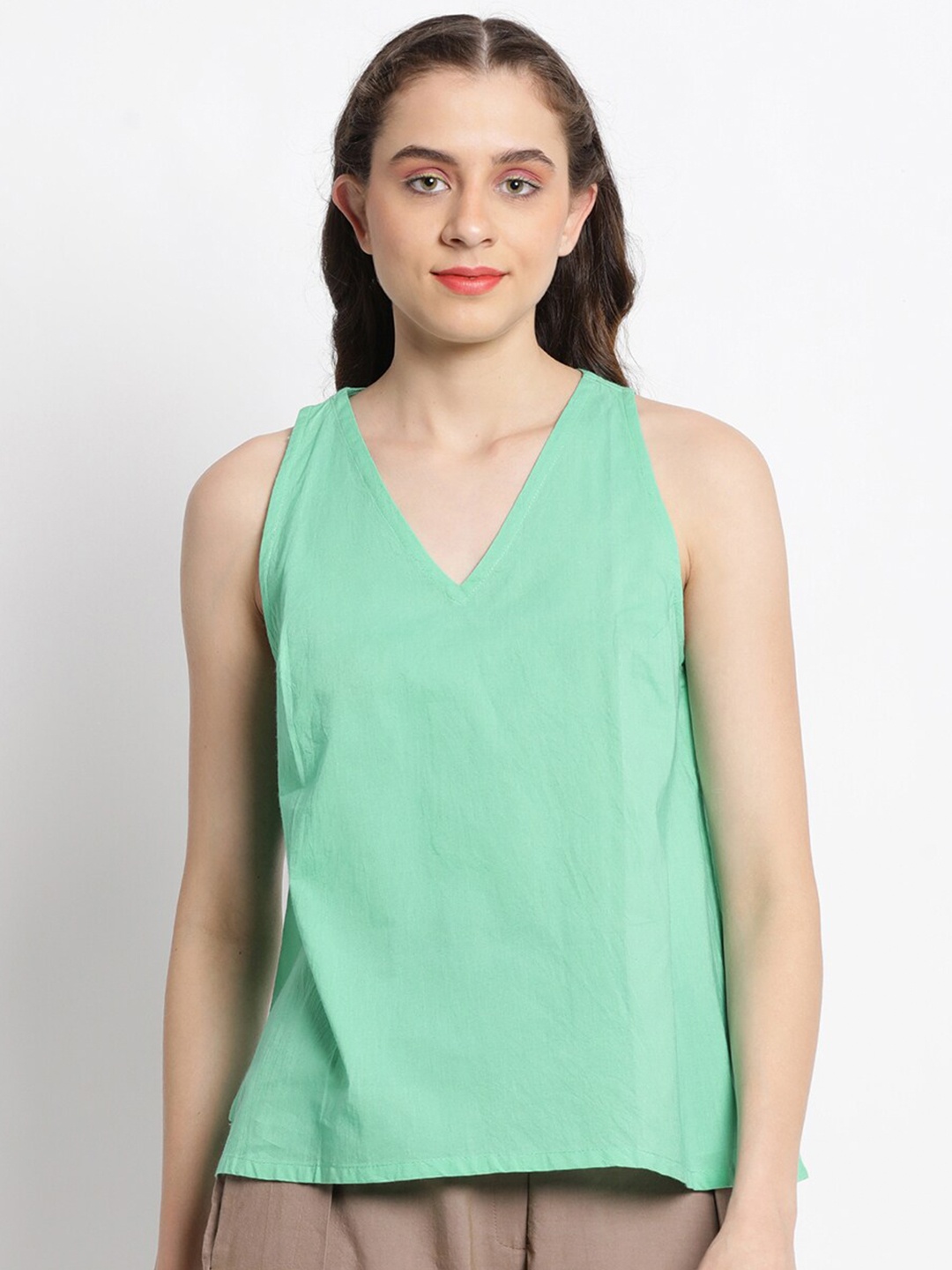 

GRASS by Gitika Goyal V Neck Sleeveless Cotton Regular Top, Green