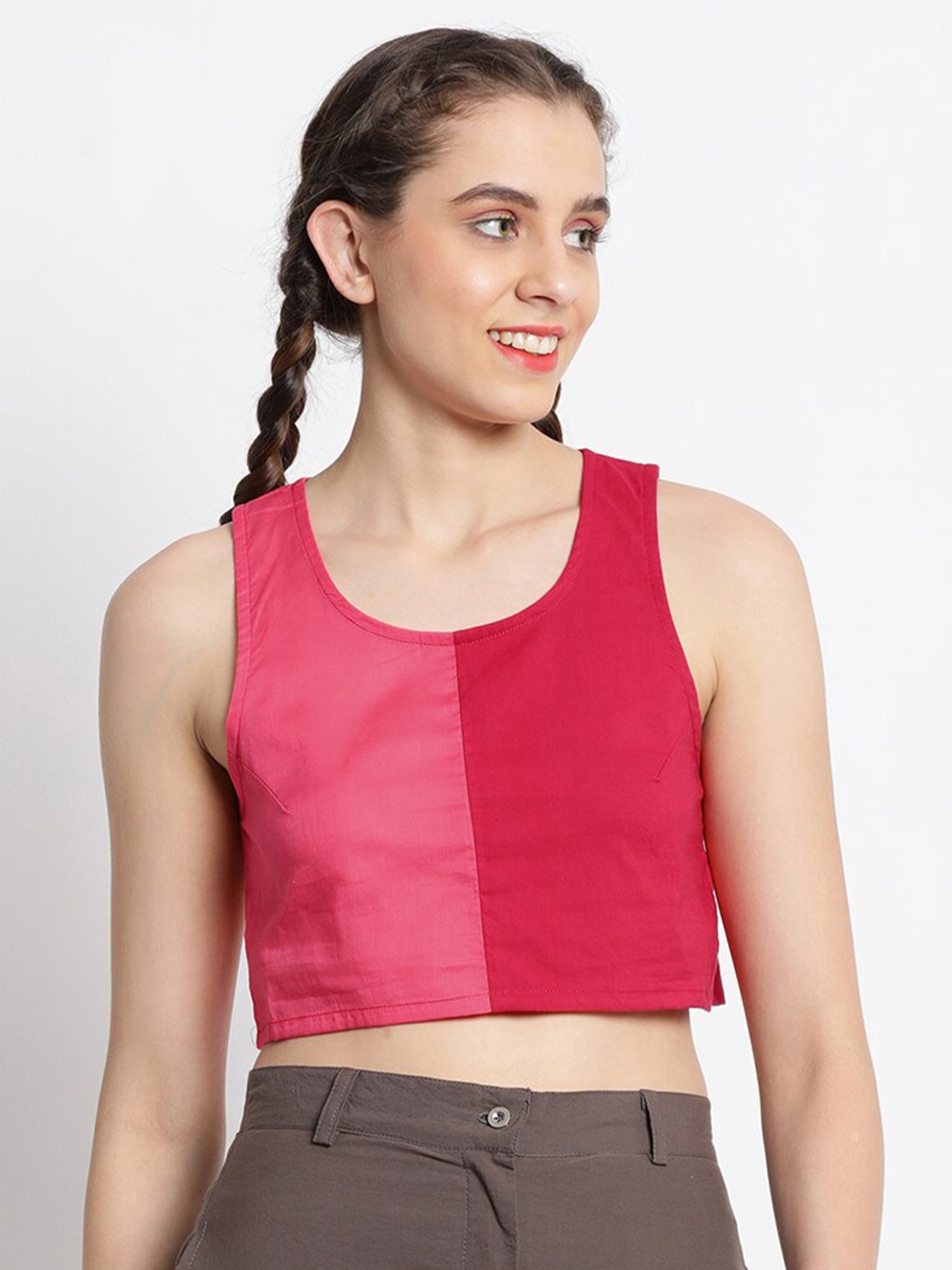 

GRASS by Gitika Goyal Colourblocked Cotton Boxy Crop Top, Red