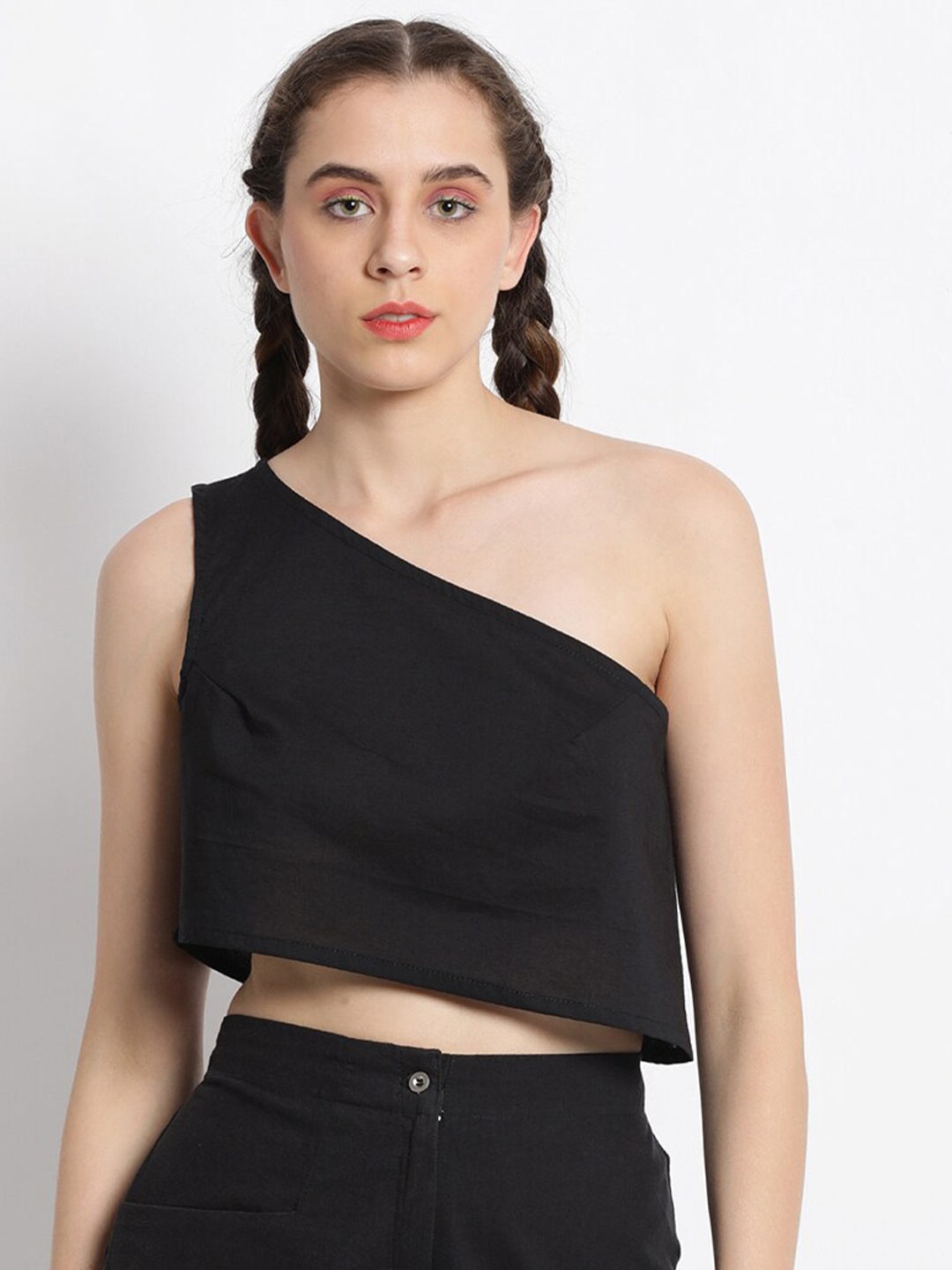 

GRASS by Gitika Goyal Black One Shoulder Crop Top