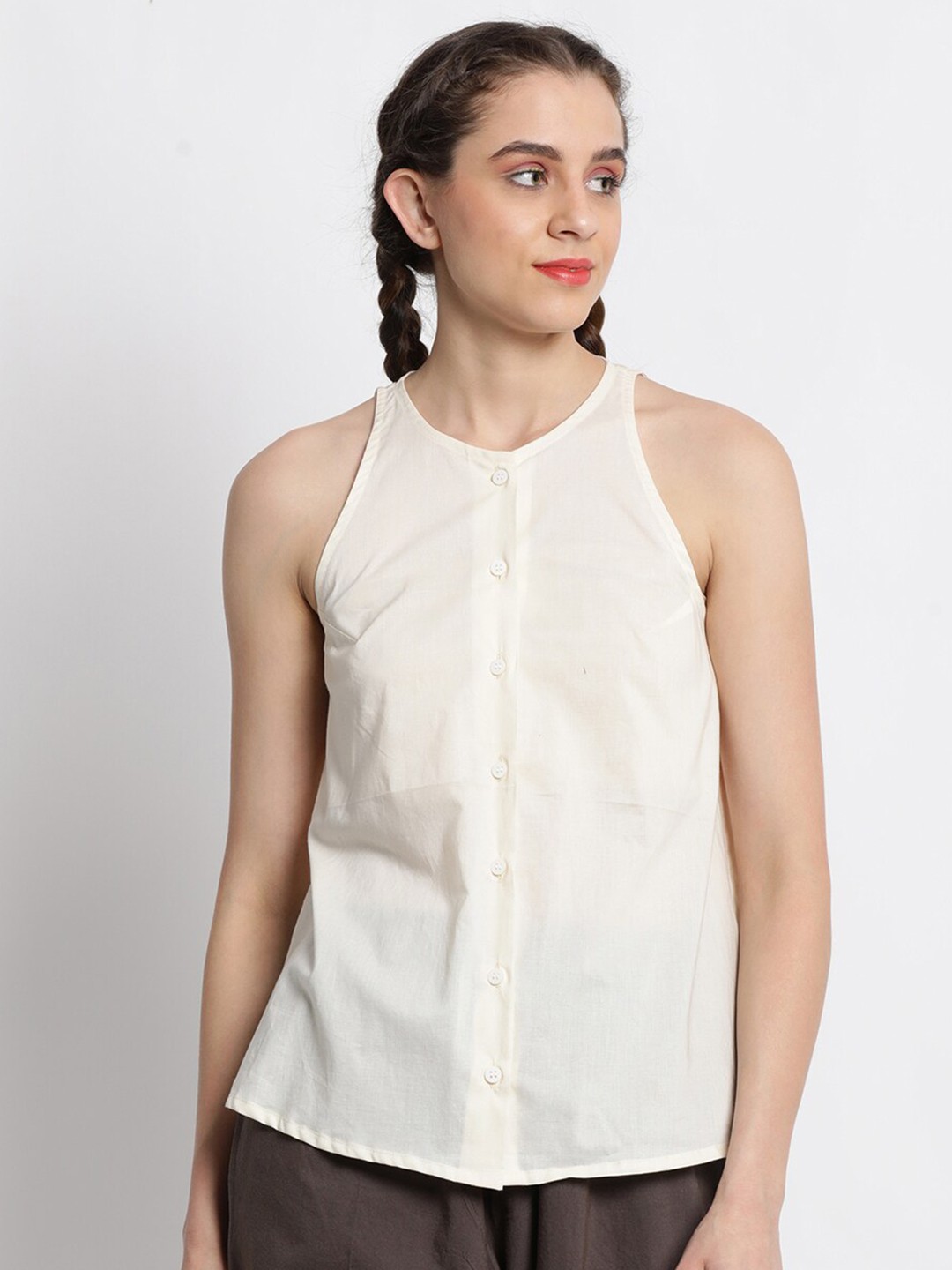 

GRASS by Gitika Goyal Sleeveless Cotton Shirt Style Top, Cream