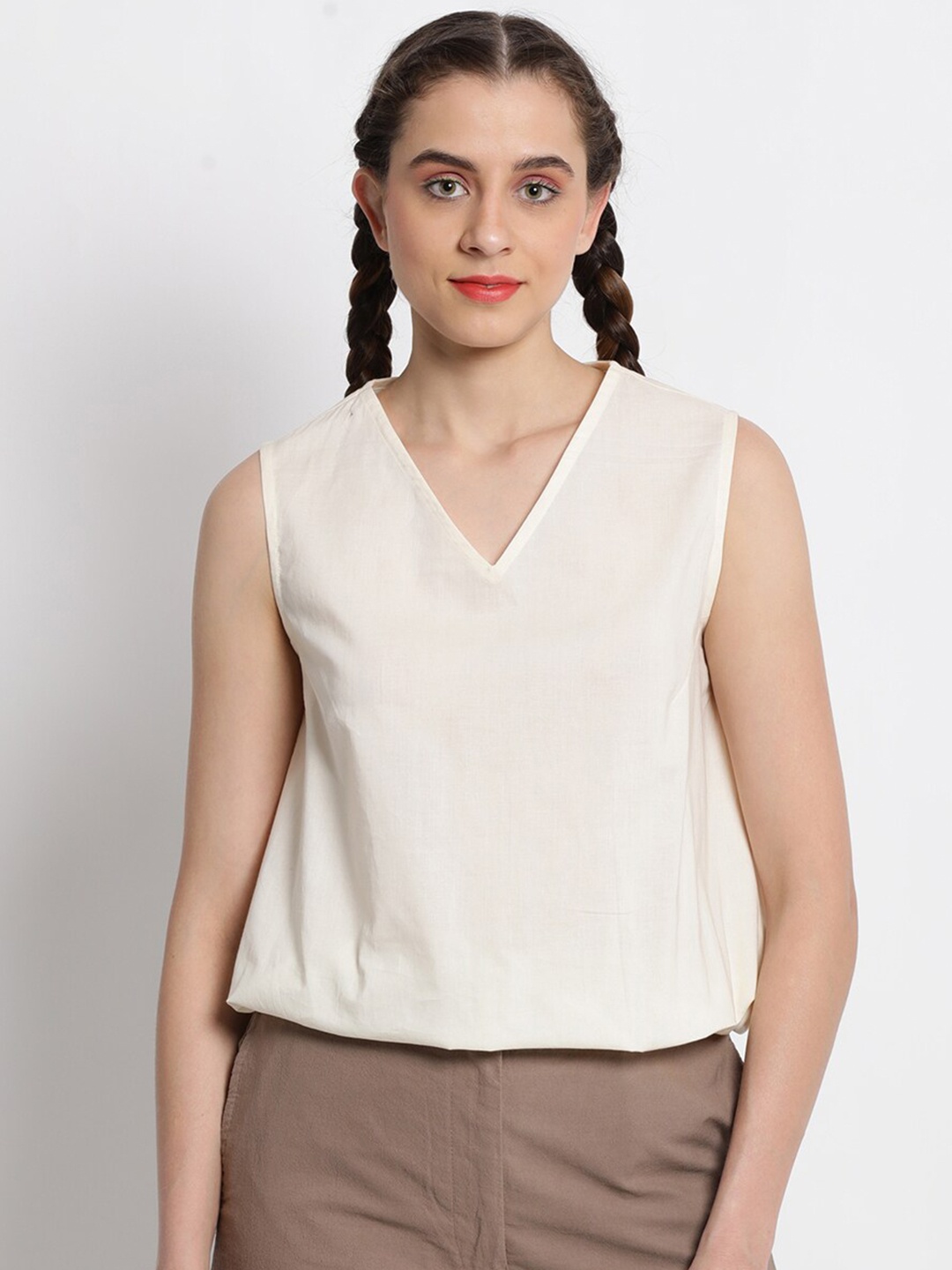 

GRASS by Gitika Goyal V-Neck Cotton Blouson Top, Cream