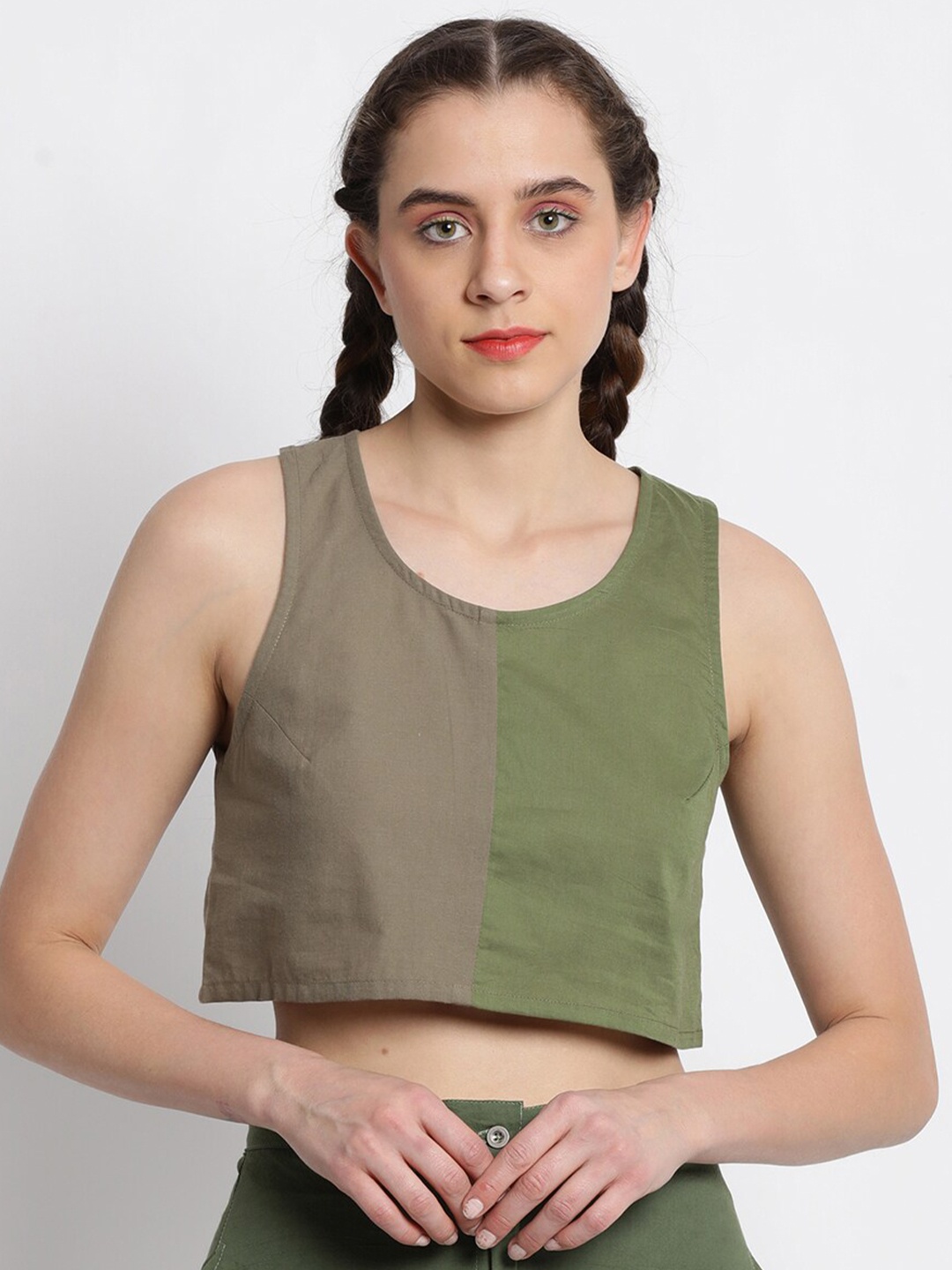 

GRASS by Gitika Goyal Striped Crop Cotton Top, Khaki