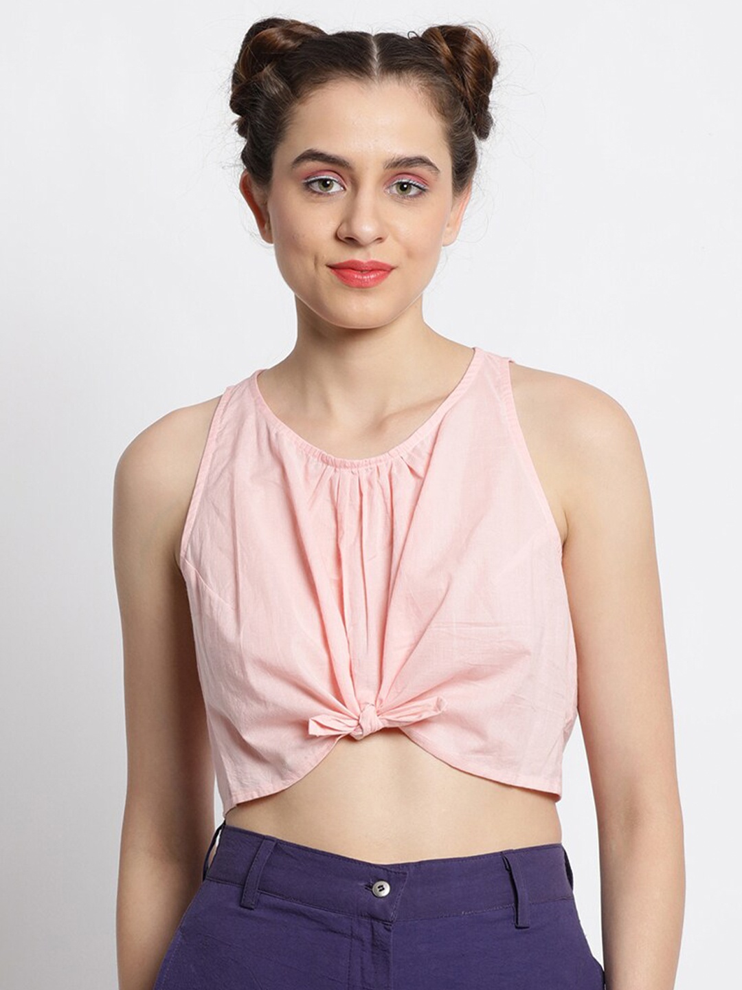 

GRASS by Gitika Goyal Knotted Crop Cotton Top, Pink