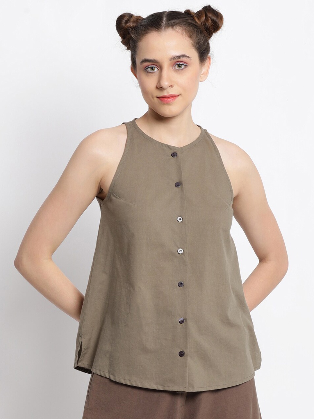 

GRASS by Gitika Goyal Sleeveless Shirt Style Cotton Top, Khaki