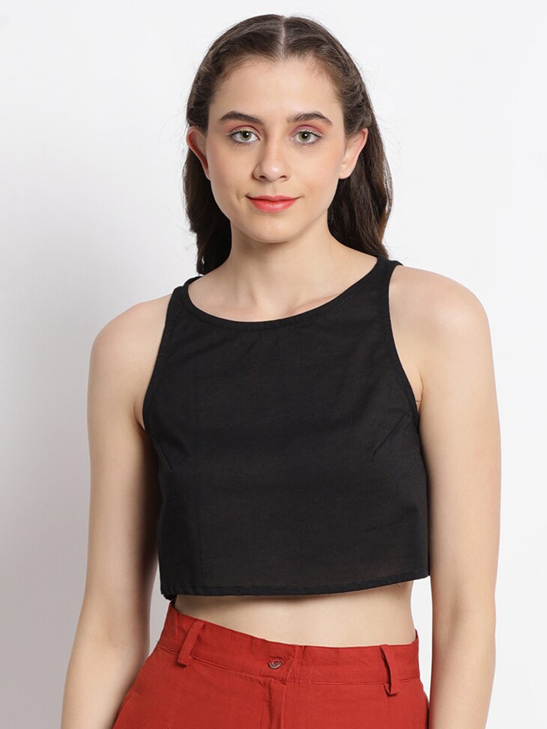 

GRASS by Gitika Goyal Boat Neck Crop Cotton Top, Black