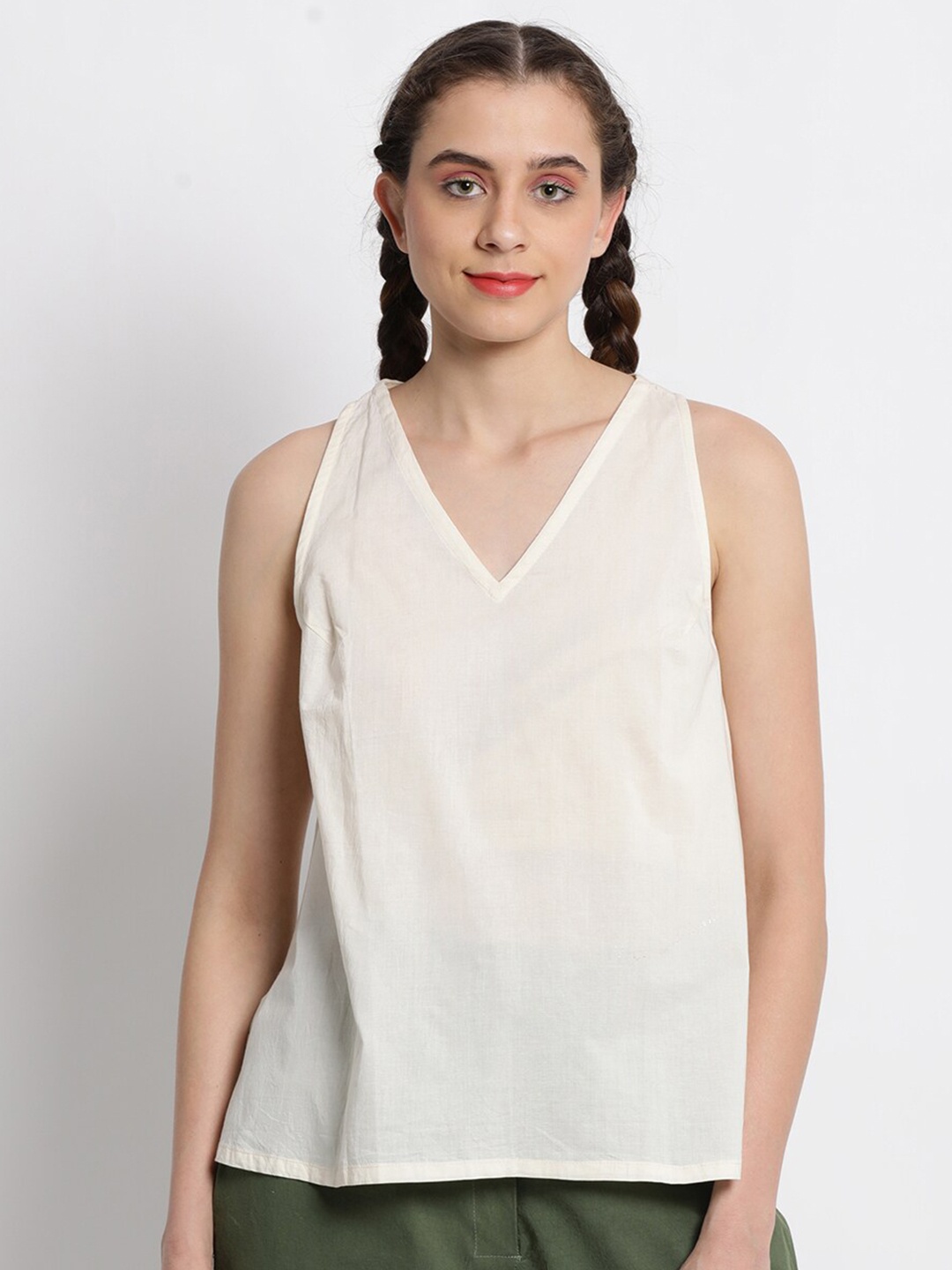 

GRASS by Gitika Goyal V-Neck A-Line Cotton Top, Off white