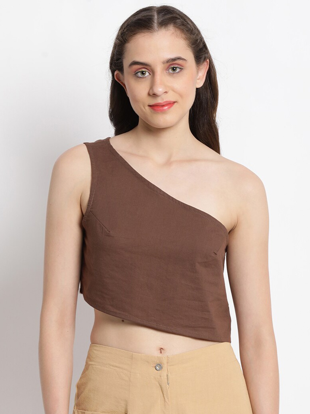 

GRASS by Gitika Goyal One Shoulder Crop Cotton Top, Brown