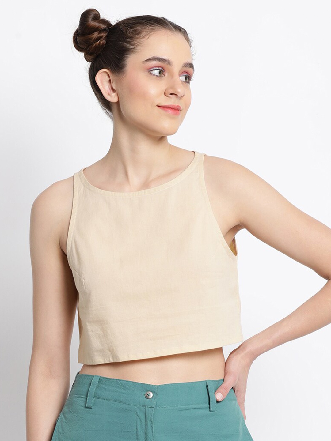 

GRASS by Gitika Goyal Boat Neck Cotton Sleeveless Crop Top, Beige