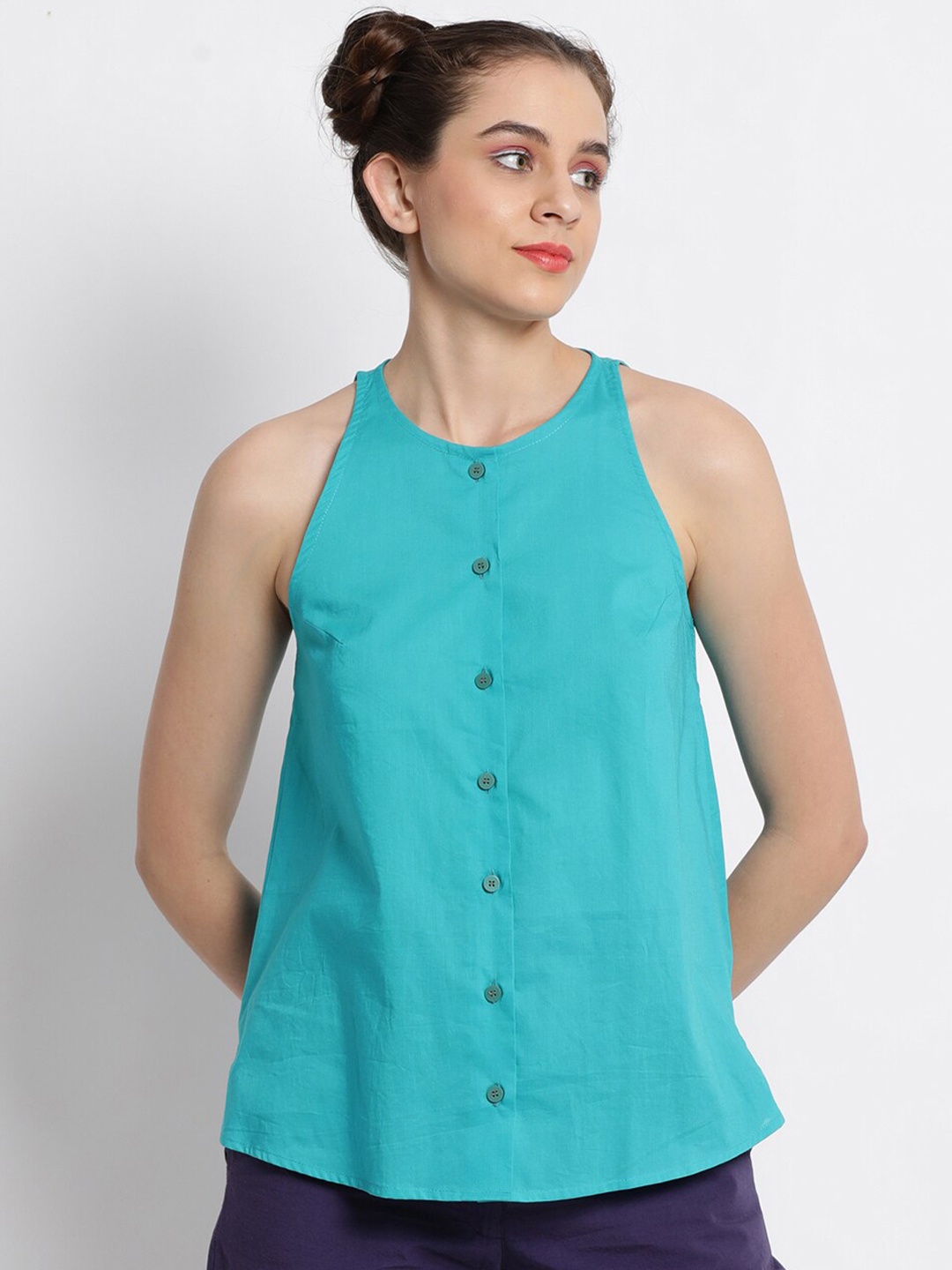

GRASS by Gitika Goyal Sleeveless Shirt Style Cotton Top, Turquoise blue