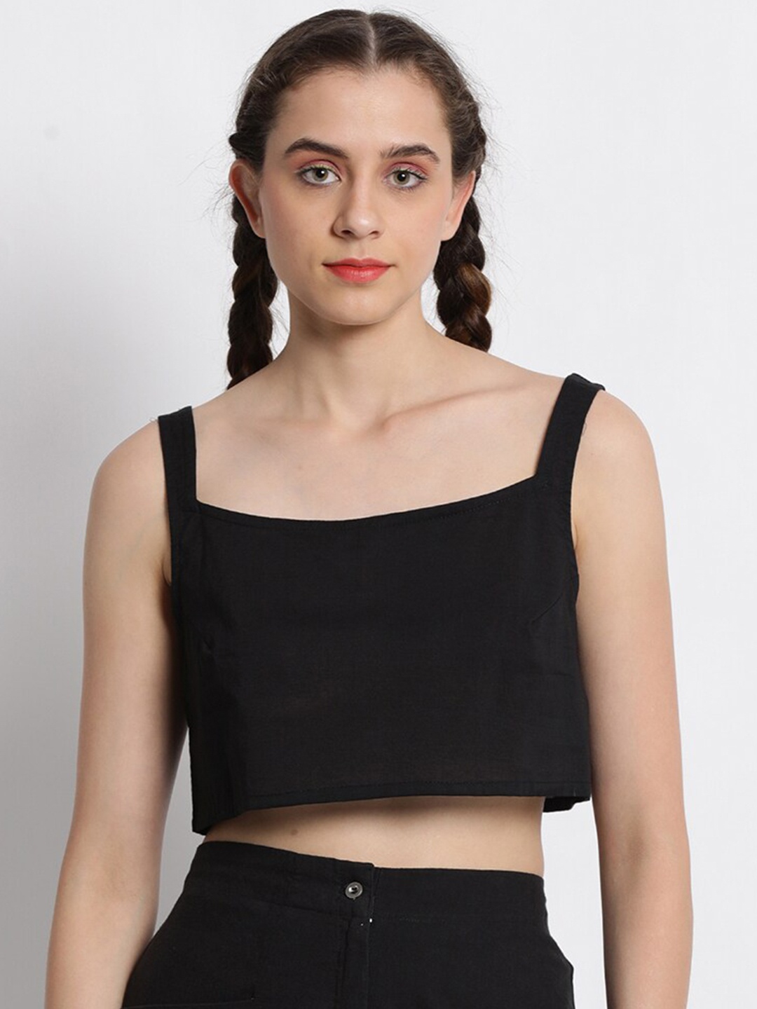 

GRASS by Gitika Goyal Shoulder Strap Crop Cotton Top, Black