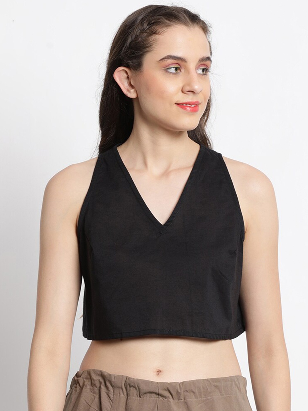 

GRASS by Gitika Goyal V-Neck Crop Cotton Top, Black